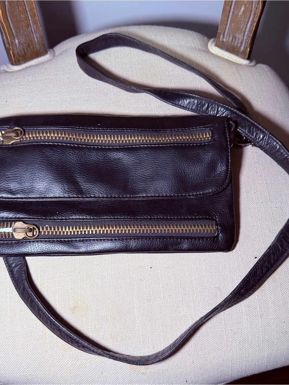 Black Leather Crossbody Bag with Gold Zippers